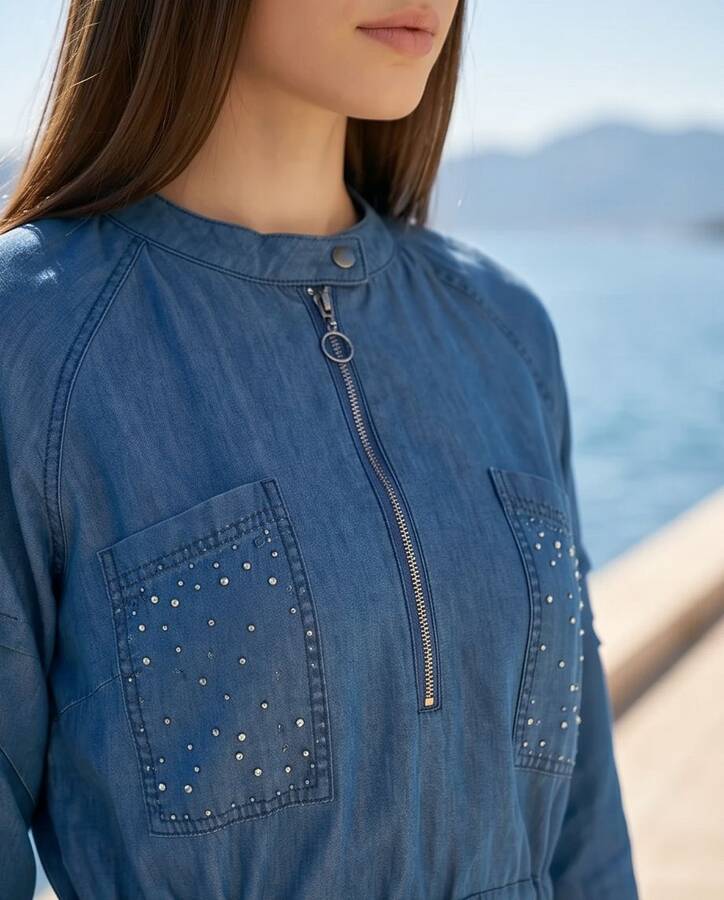 6501-Taşlı Denim Reglan Kollu Elbise Koyu Mavi