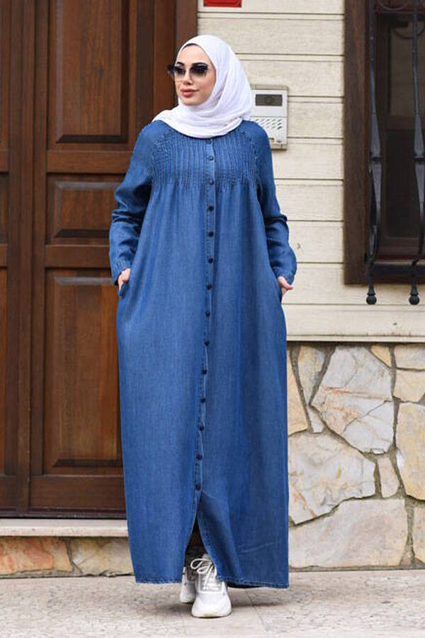 6502-Battal Denim Nervürlü Ferace Koyu Mavi