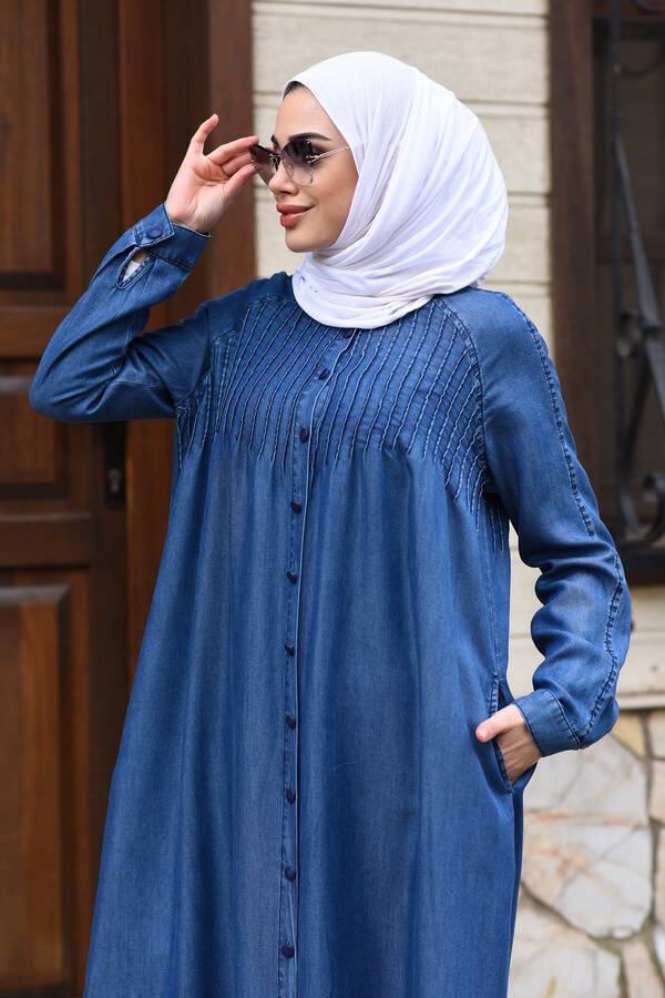 6502-Battal Denim Nervürlü Ferace Koyu Mavi