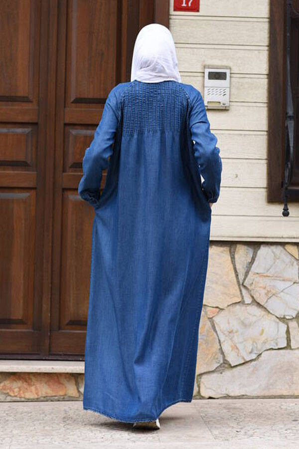6502-Battal Denim Nervürlü Ferace Koyu Mavi