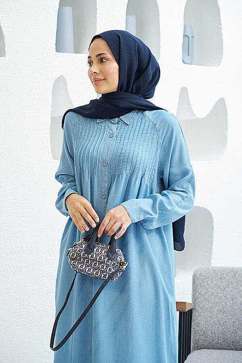 6502-Denim Nervürlü Ferace Mavi - 8