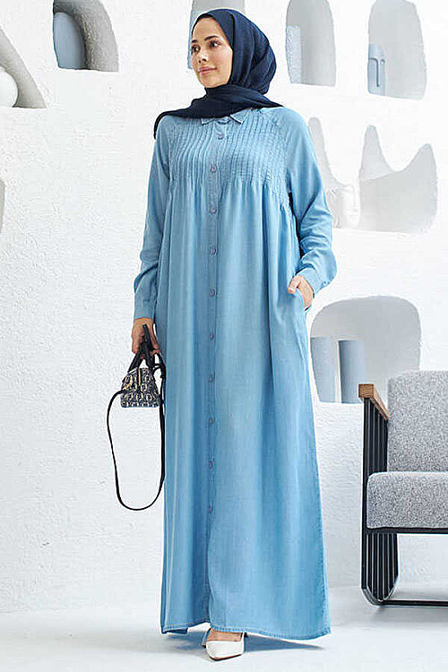 6502-Denim Nervürlü Ferace Mavi - 7