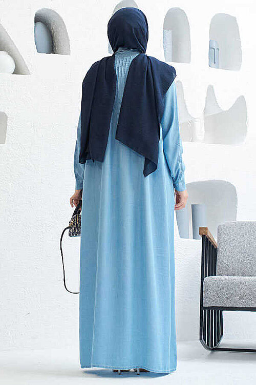 6502-Denim Nervürlü Ferace Mavi - 9