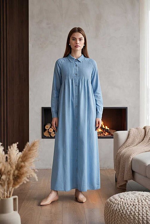 6502-Denim Nervürlü Ferace Mavi - 5
