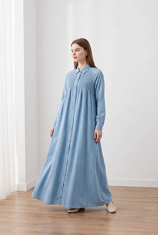6502-Denim Nervürlü Ferace Mavi - 4