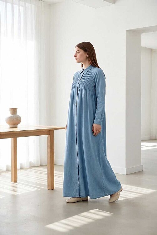 6502-Denim Nervürlü Ferace Mavi - 3