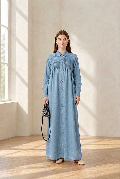6502-Denim Nervürlü Ferace Mavi - 2