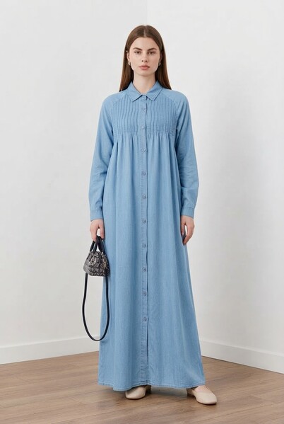 Neways - 6502-Denim Nervürlü Ferace Mavi