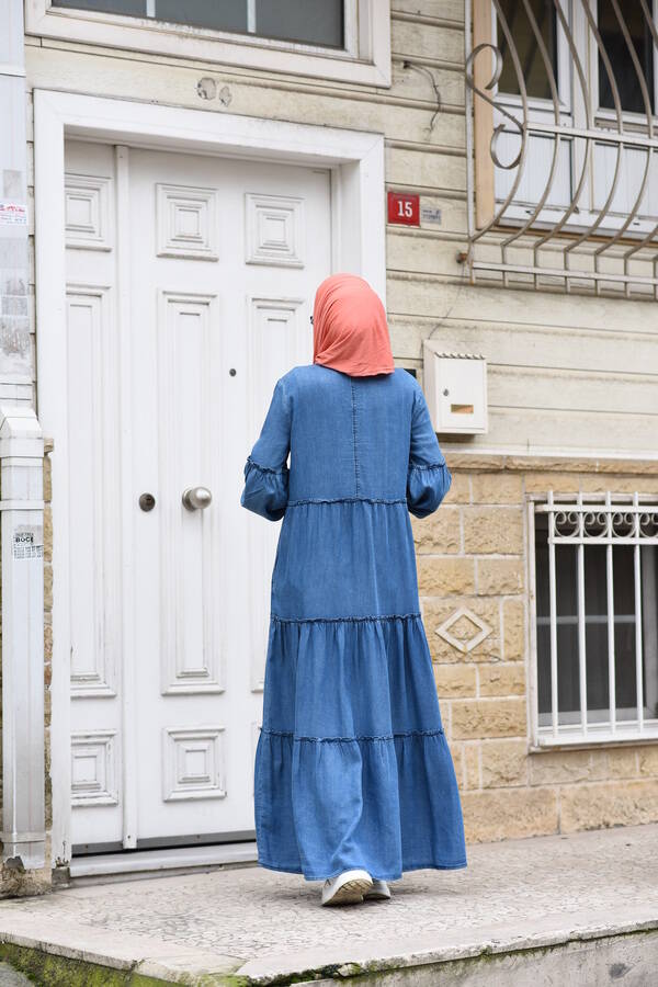 6506-DENİM TENSEL BÜZGÜLÜ ELBİSE Koyu Mavi