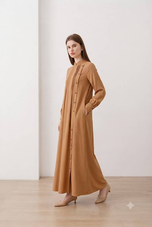 6508-Berlin Yandan Düğmeli Ferace Camel