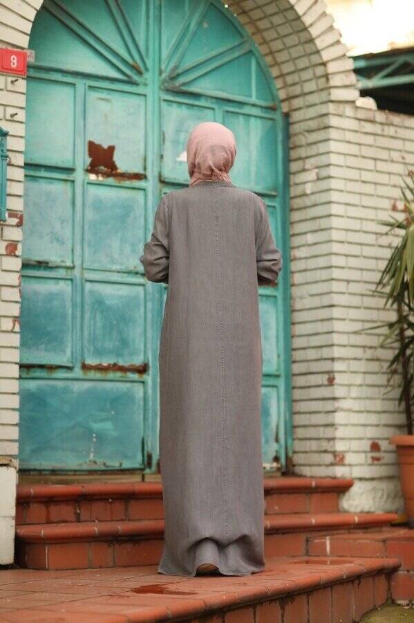 6508-Denim Yandan Düğmeli Ferace Koyu Gri