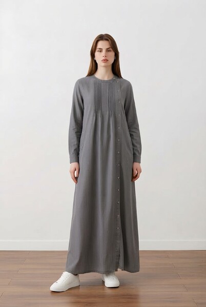 Neways - 6508-Denim Yandan Düğmeli Ferace Koyu Gri