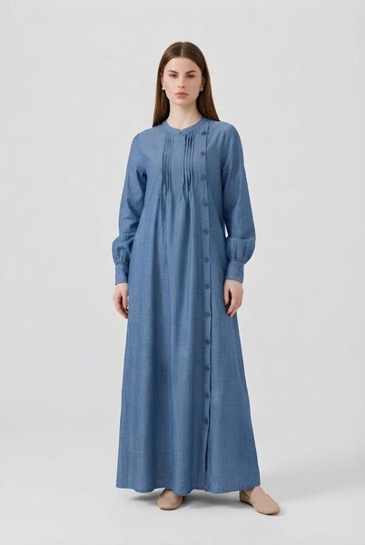 Neways - 6508-Denim Yandan Düğmeli Ferace Koyu Mavi