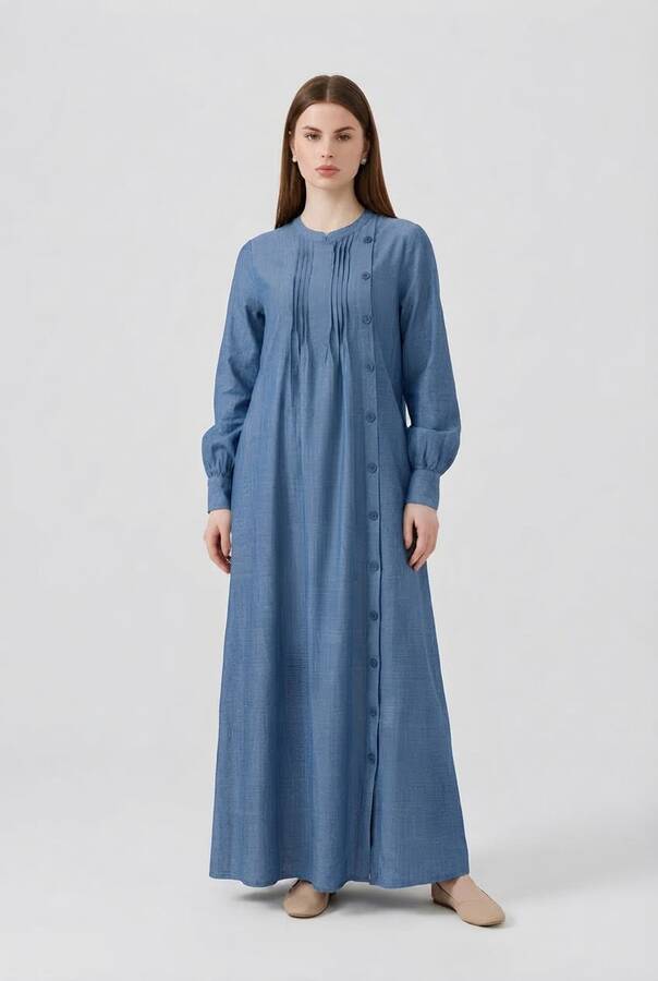 6508-Denim Yandan Düğmeli Ferace Koyu Mavi