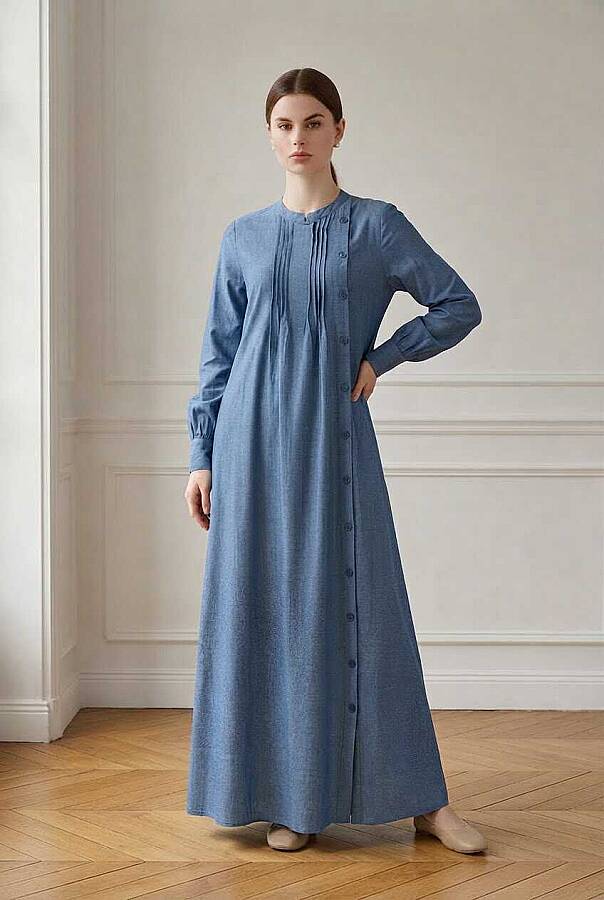 6508-Denim Yandan Düğmeli Ferace Koyu Mavi