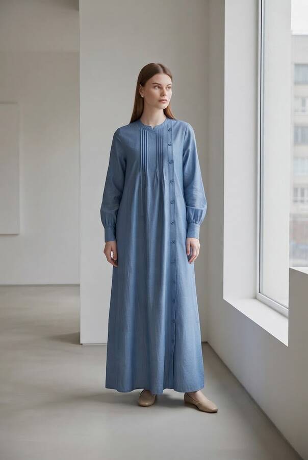 6508-Denim Yandan Düğmeli Ferace Koyu Mavi