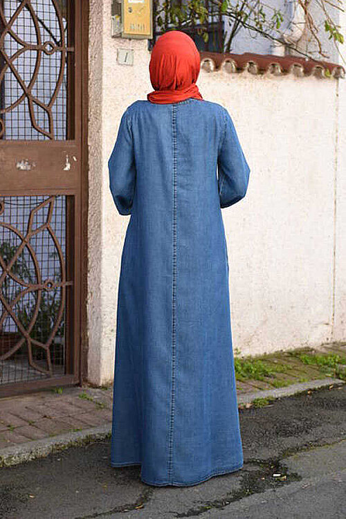 6508-Denim Yandan Düğmeli Ferace Koyu Mavi - 5