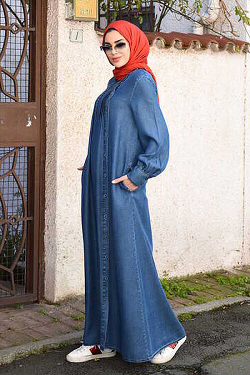 6508-Denim Yandan Düğmeli Ferace Koyu Mavi - 3