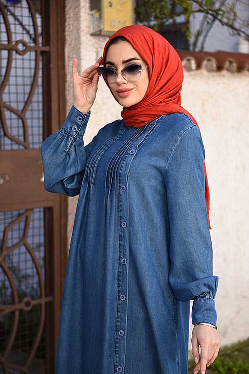 6508-Denim Yandan Düğmeli Ferace Koyu Mavi - 2