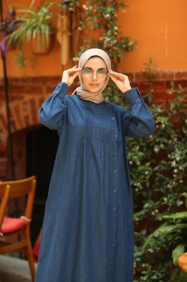 6508-Denim Yandan Düğmeli Ferace Lacivert