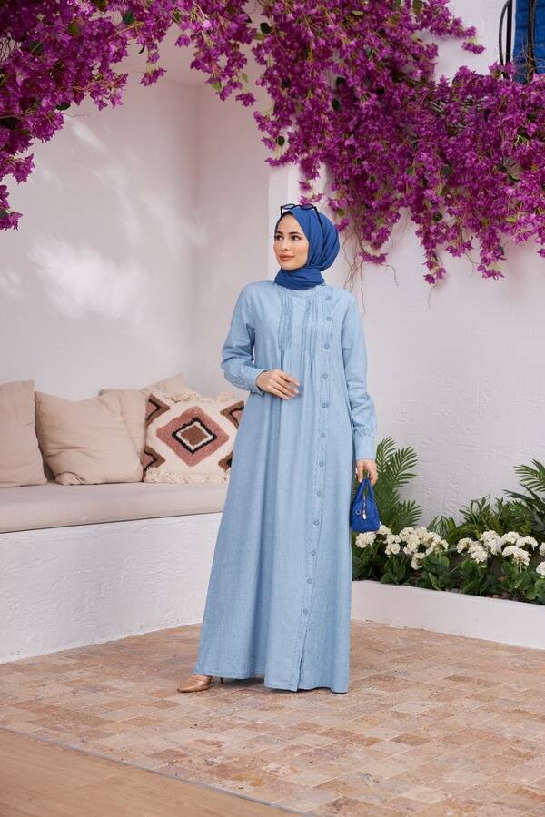 6508-Denim Yandan Düğmeli Ferace Mavi