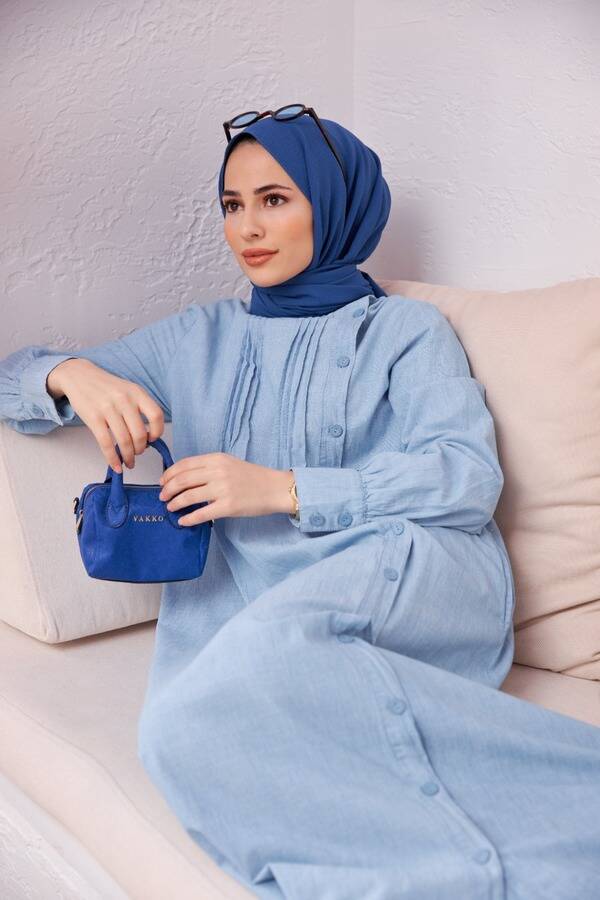 6508-Denim Yandan Düğmeli Ferace Mavi