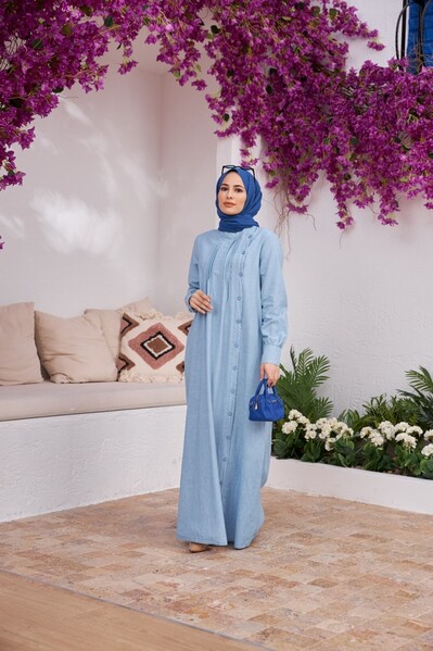 Neways - 6508-Denim Yandan Düğmeli Ferace Mavi