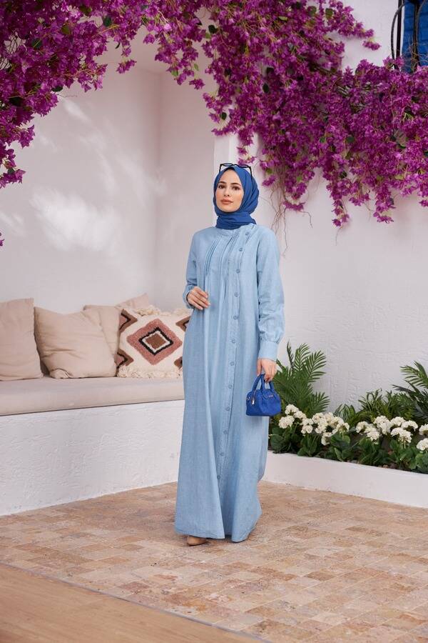 6508-Denim Yandan Düğmeli Ferace Mavi