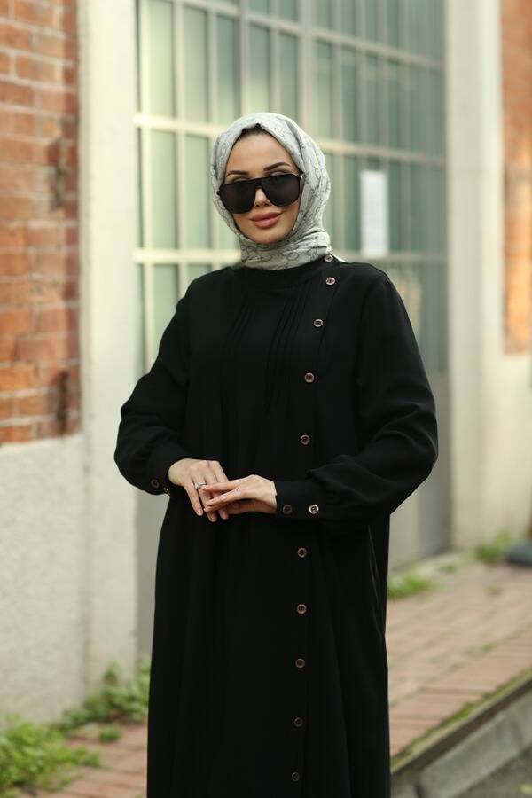 6508-Denim Yandan Düğmeli Ferace Siyah