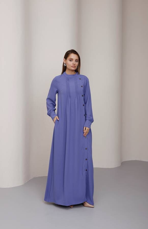 6508-Krep Yandan Düğmeli Ferace Eflatun