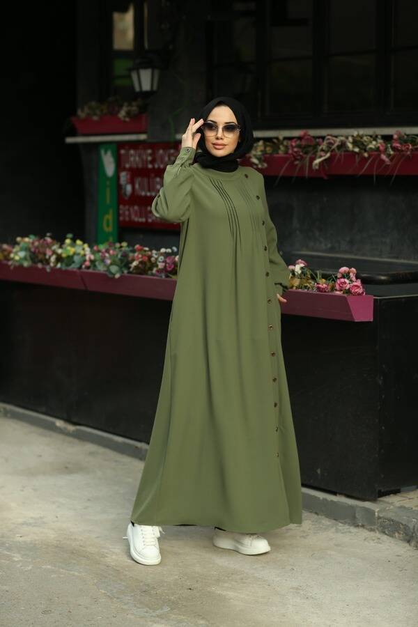 6508-Krep Yandan Düğmeli Ferace Haki