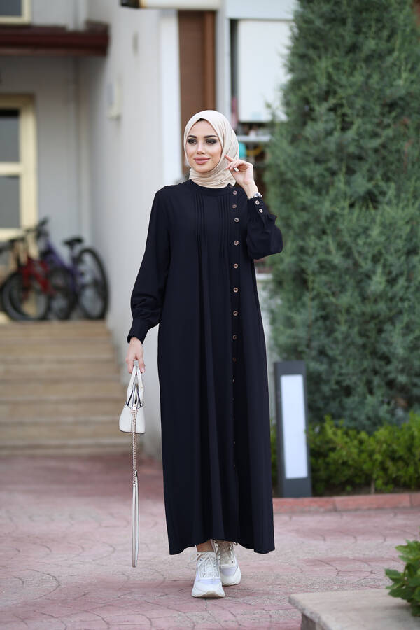 6508-Krep Yandan Düğmeli Ferace Lacivert