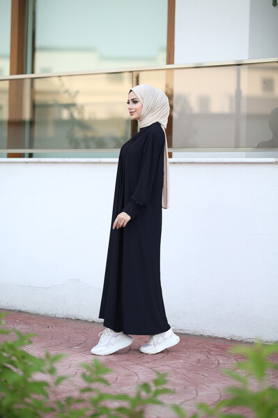 Neways - 6508-Krep Yandan Düğmeli Ferace Lacivert