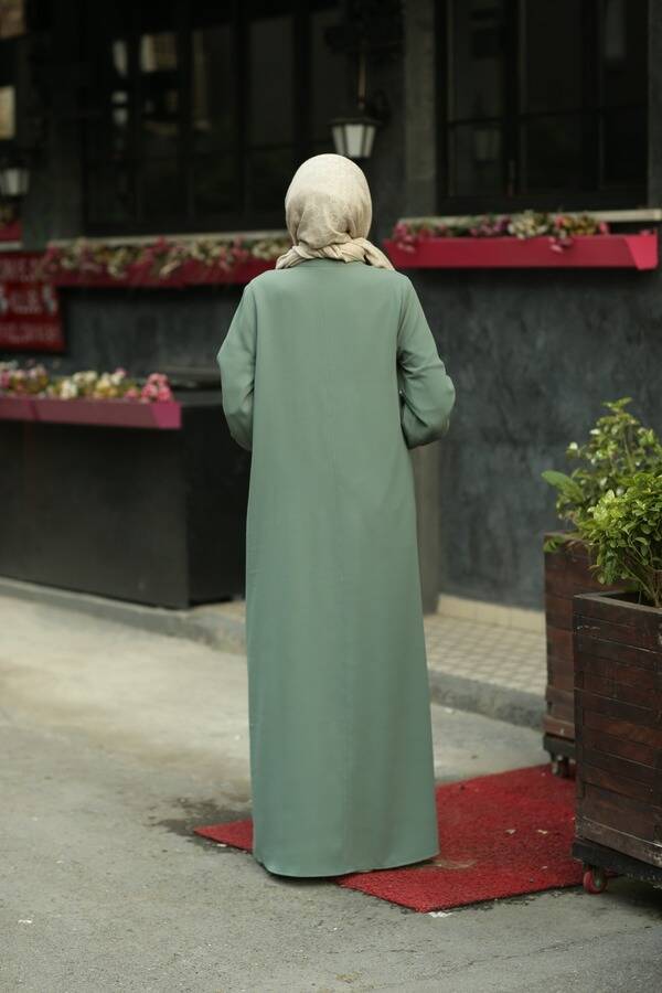 6508-Krep Yandan Düğmeli Ferace Mint Yeşili