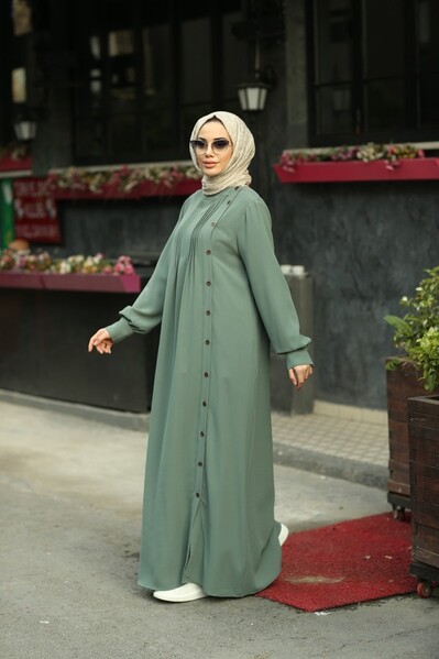 Neways - 6508-Krep Yandan Düğmeli Ferace Mint Yeşili