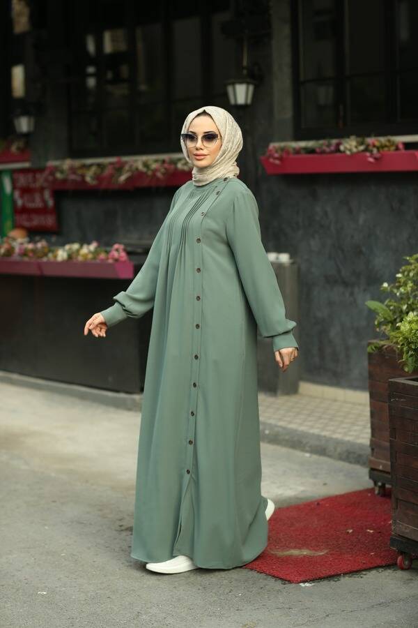 6508-Krep Yandan Düğmeli Ferace Mint Yeşili