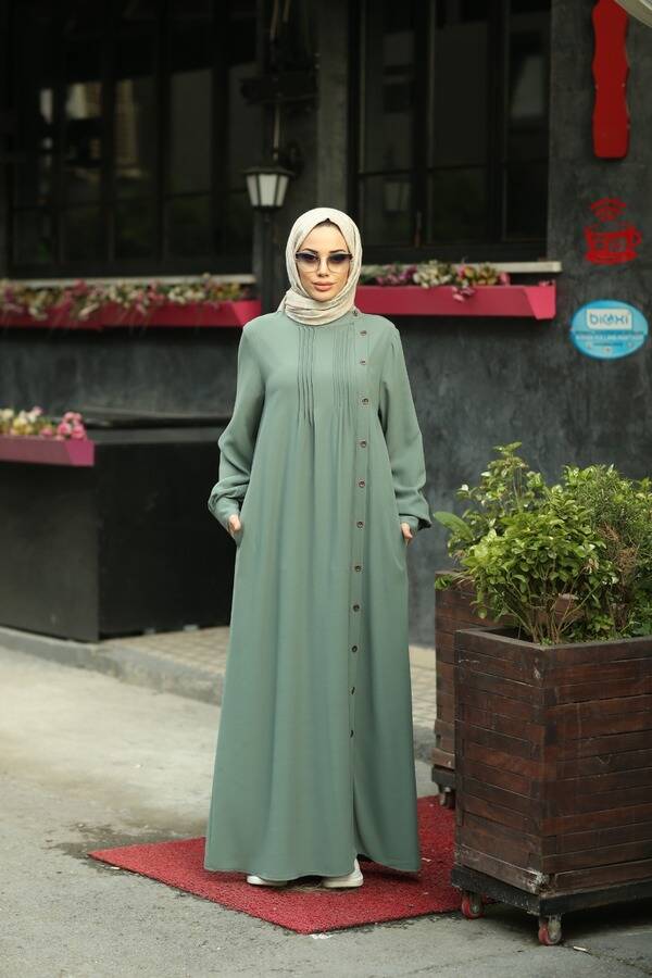 6508-Krep Yandan Düğmeli Ferace Mint Yeşili