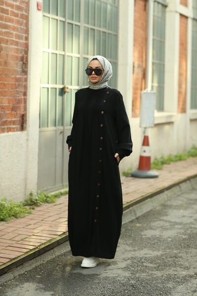 Neways - 6508-Krep Yandan Düğmeli Ferace Siyah