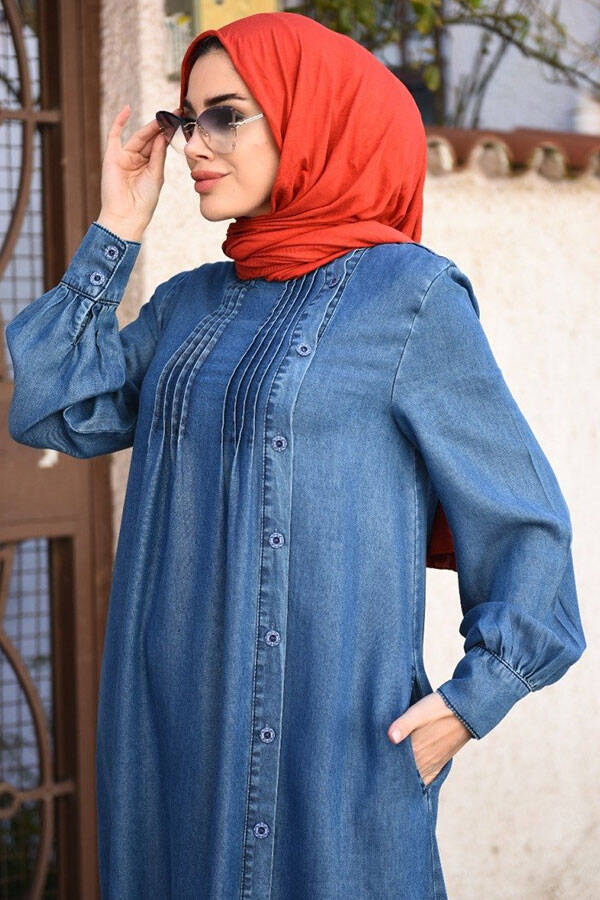 6508-Denim Yandan Düğmeli Ferace Koyu Mavi