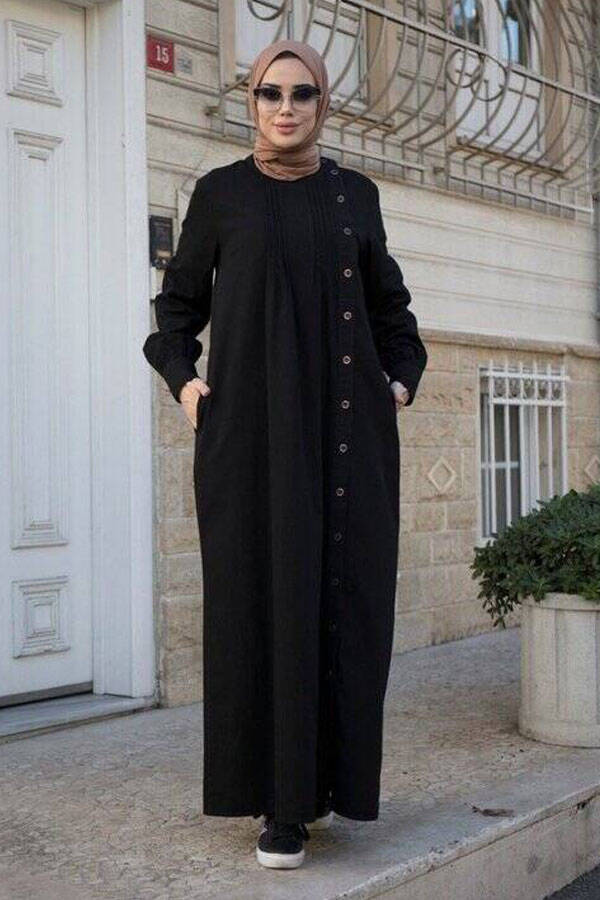 6508-Denim Yandan Düğmeli Ferace Siyah