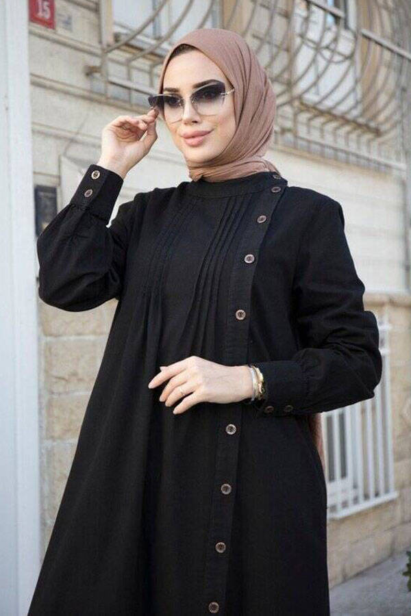 6508-Denim Yandan Düğmeli Ferace Siyah