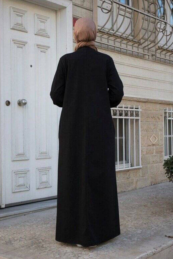 6508-Denim Yandan Düğmeli Ferace Siyah