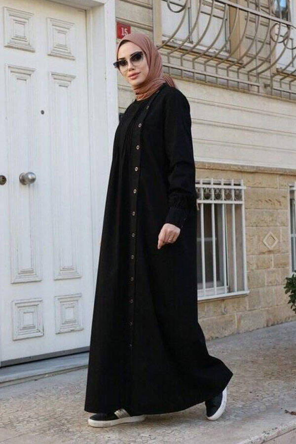 6508-Denim Yandan Düğmeli Ferace Siyah