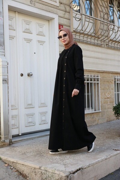 Neways - 6508-Denim Yandan Düğmeli Ferace Siyah