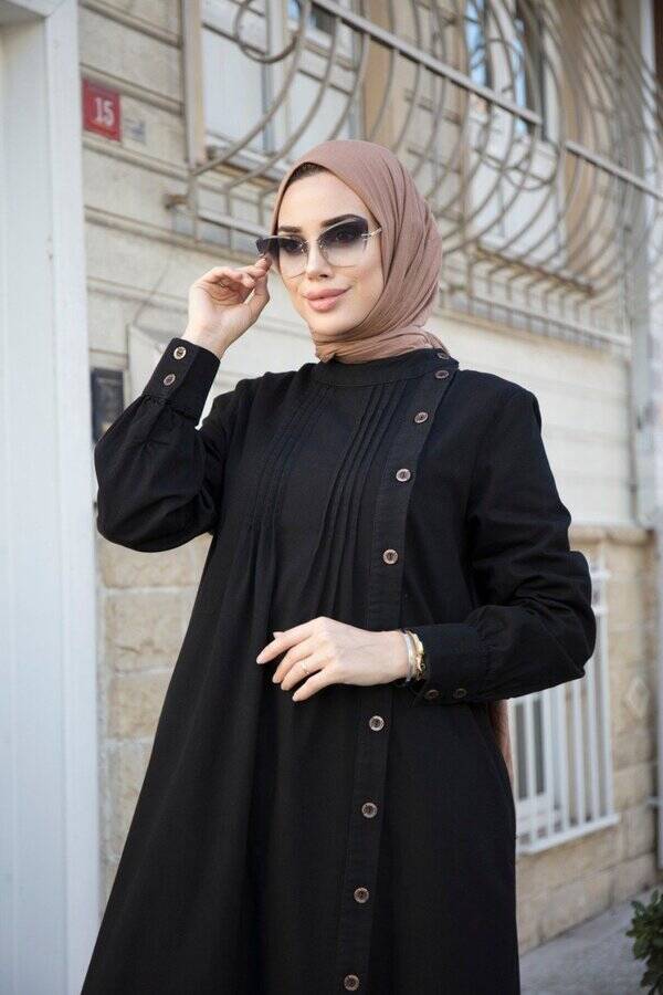 6508-Denim Yandan Düğmeli Ferace Siyah
