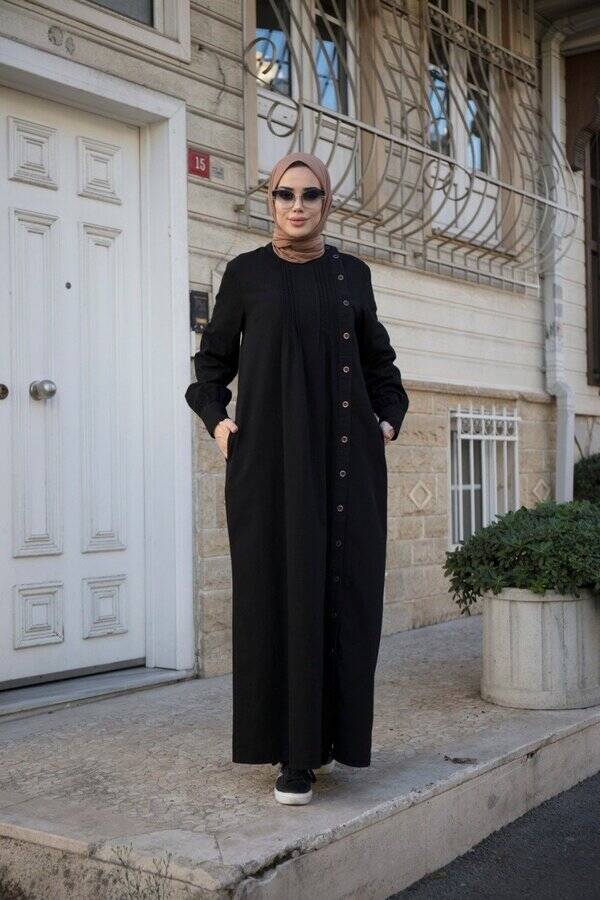 6508-Denim Yandan Düğmeli Ferace Siyah
