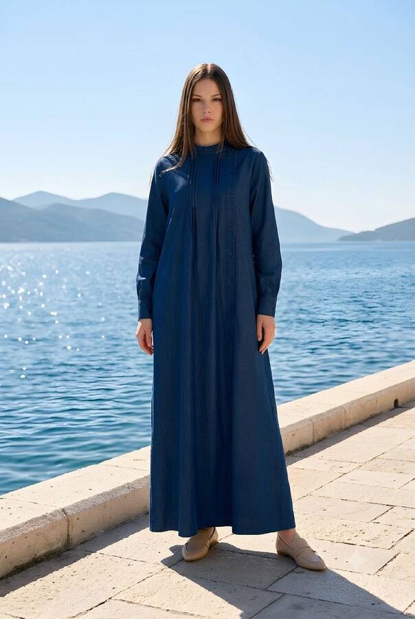 6508-Denim Yandan Düğmeli Ferace Lacivert