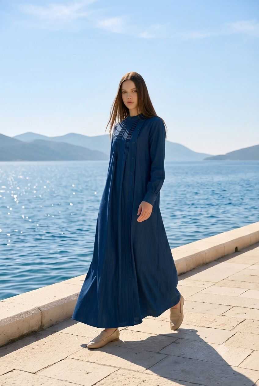 6508-Denim Yandan Düğmeli Ferace Lacivert DENİM Neways