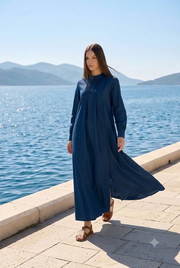 6508-Denim Yandan Düğmeli Ferace Lacivert