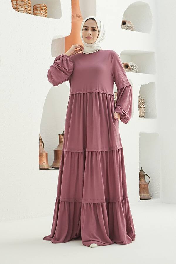 6510-Ancelina Büzgülü Elbise Lila